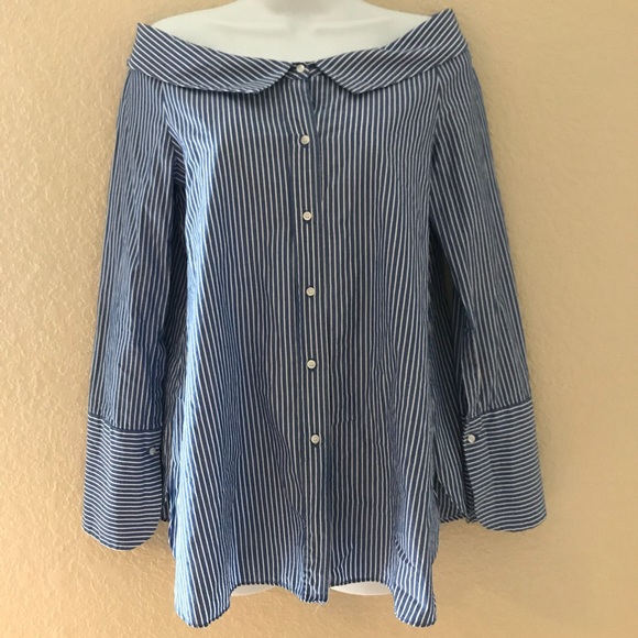 Zara blue white stripe off shoulder button down XS - Picture 3 of 6